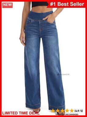 High Waist Wide Leg Pull On Jeans Stretchy Denim Pants